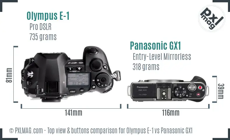 Olympus E-1 vs Panasonic GX1 top view buttons comparison Olympus E-1 vs Panasonic GX1 top view buttons comparison