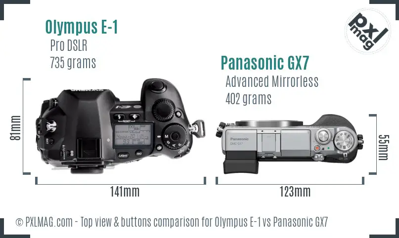 Olympus E-1 vs Panasonic GX7 top view buttons comparison