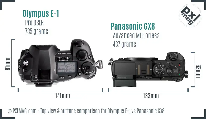 Olympus E-1 vs Panasonic GX8 top view buttons comparison