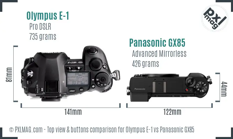 Olympus E-1 vs Panasonic GX85 top view buttons comparison