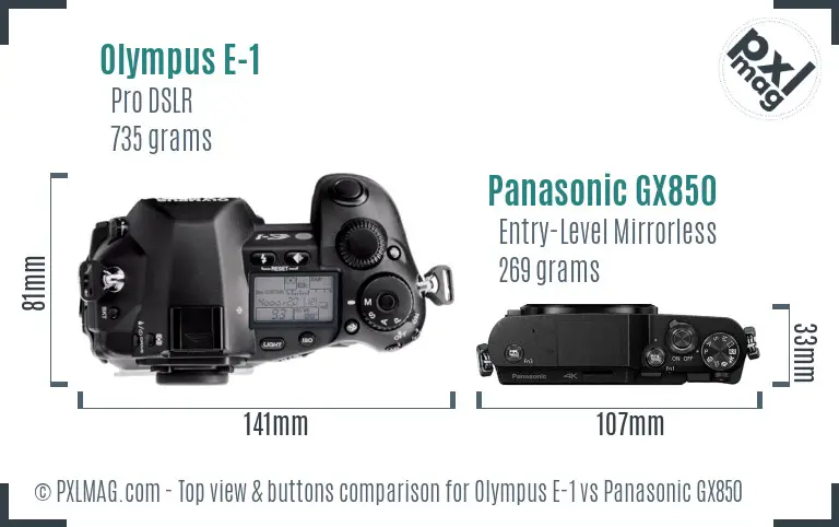 Olympus E-1 vs Panasonic GX850 top view buttons comparison Olympus E-1 vs Panasonic GX850 top view buttons comparison