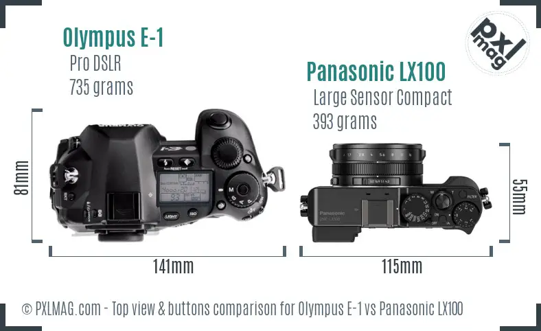 Olympus E-1 vs Panasonic LX100 top view buttons comparison