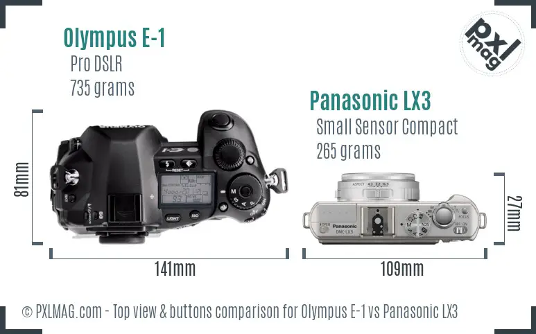 Olympus E-1 vs Panasonic LX3 top view buttons comparison Olympus E-1 vs Panasonic LX3 top view buttons comparison