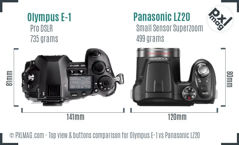 Olympus E-1 vs Panasonic LZ20 top view buttons comparison