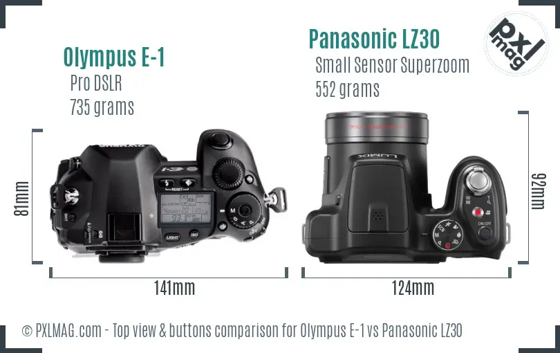 Olympus E-1 vs Panasonic LZ30 top view buttons comparison