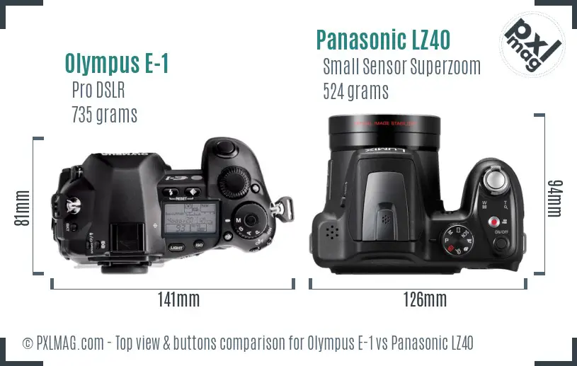 Olympus E-1 vs Panasonic LZ40 top view buttons comparison