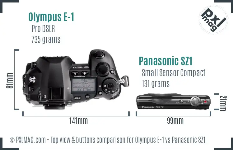 Olympus E-1 vs Panasonic SZ1 top view buttons comparison