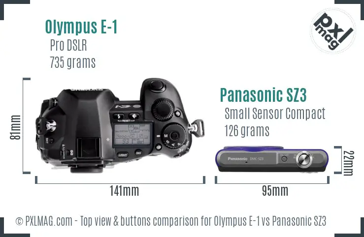 Olympus E-1 vs Panasonic SZ3 top view buttons comparison