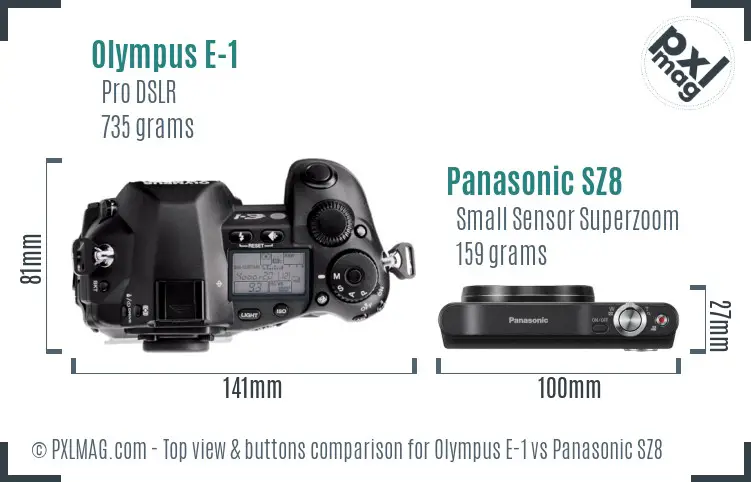 Olympus E-1 vs Panasonic SZ8 top view buttons comparison