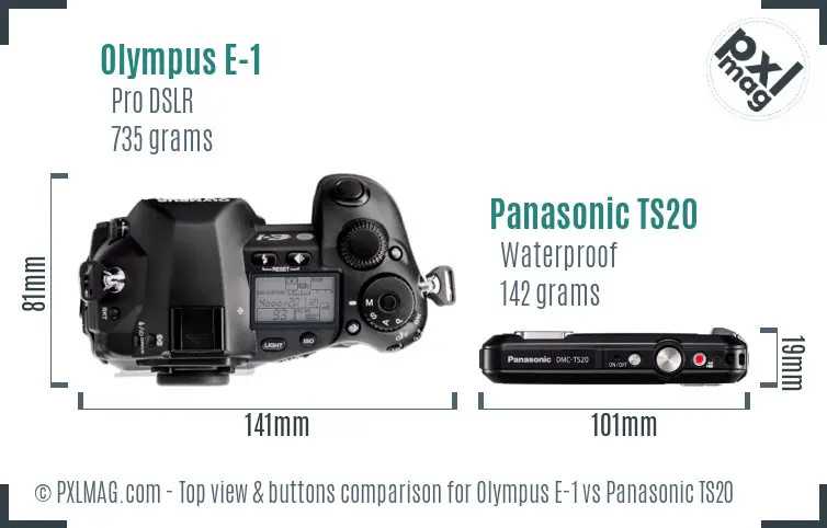 Olympus E-1 vs Panasonic TS20 top view buttons comparison