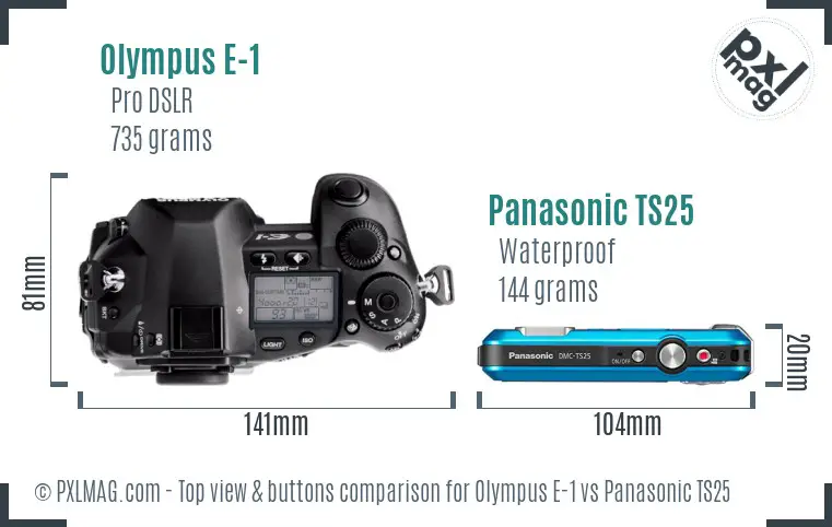 Olympus E-1 vs Panasonic TS25 top view buttons comparison