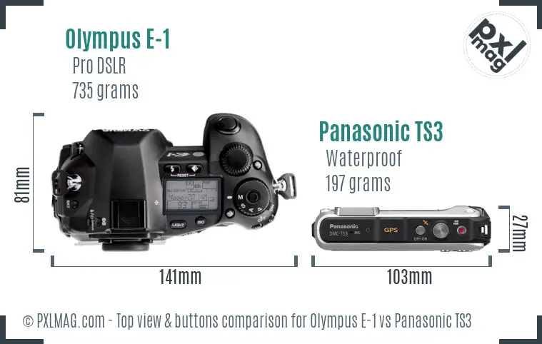 Olympus E-1 vs Panasonic TS3 top view buttons comparison