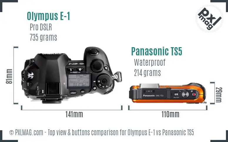 Olympus E-1 vs Panasonic TS5 top view buttons comparison