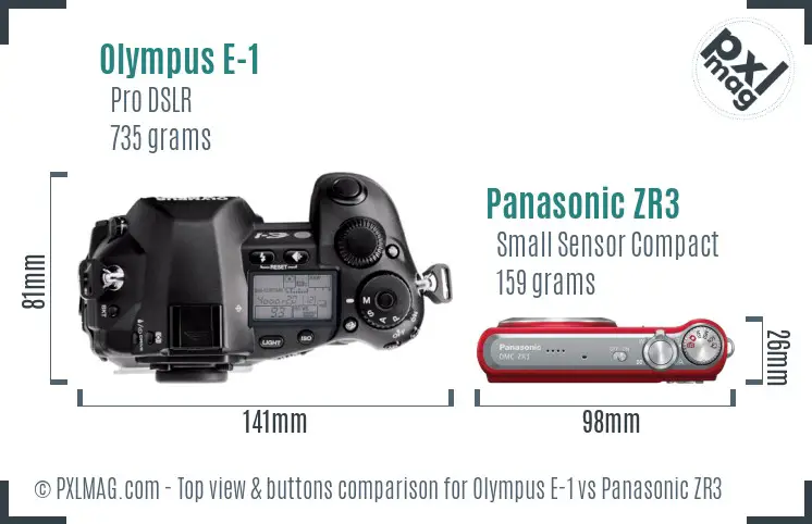 Olympus E-1 vs Panasonic ZR3 top view buttons comparison