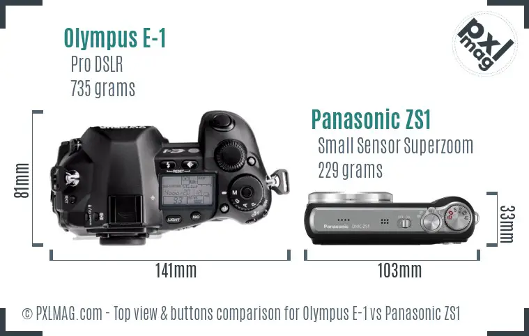 Olympus E-1 vs Panasonic ZS1 top view buttons comparison