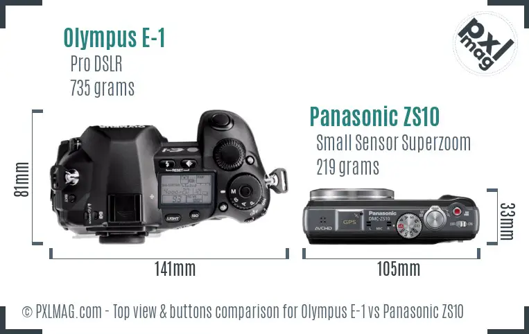 Olympus E-1 vs Panasonic ZS10 top view buttons comparison