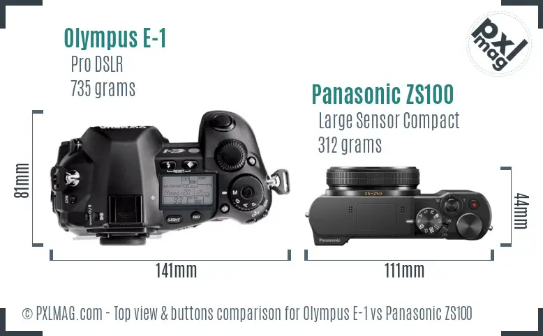 Olympus E-1 vs Panasonic ZS100 top view buttons comparison