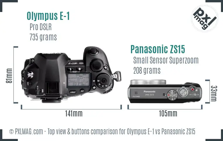 Olympus E-1 vs Panasonic ZS15 top view buttons comparison