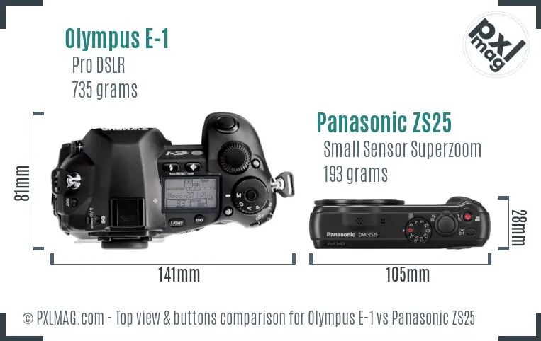 Olympus E-1 vs Panasonic ZS25 top view buttons comparison