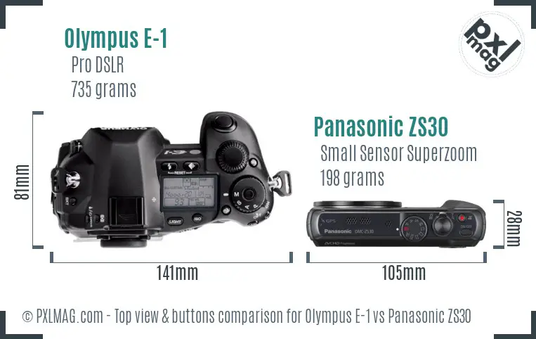 Olympus E-1 vs Panasonic ZS30 top view buttons comparison