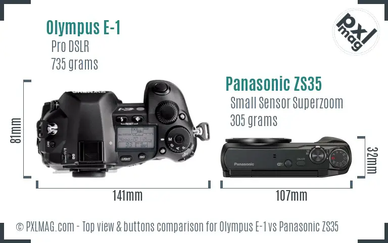 Olympus E-1 vs Panasonic ZS35 top view buttons comparison