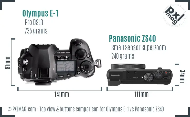 Olympus E-1 vs Panasonic ZS40 top view buttons comparison