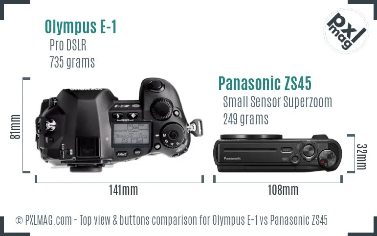 Olympus E-1 vs Panasonic ZS45 top view buttons comparison