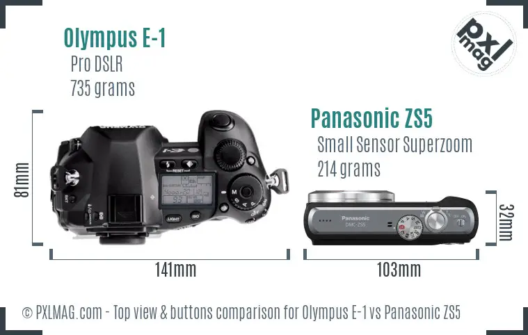 Olympus E-1 vs Panasonic ZS5 top view buttons comparison