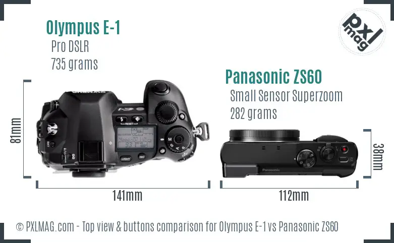 Olympus E-1 vs Panasonic ZS60 top view buttons comparison