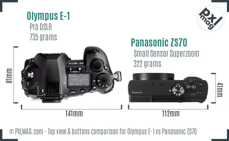 Olympus E-1 vs Panasonic ZS70 top view buttons comparison