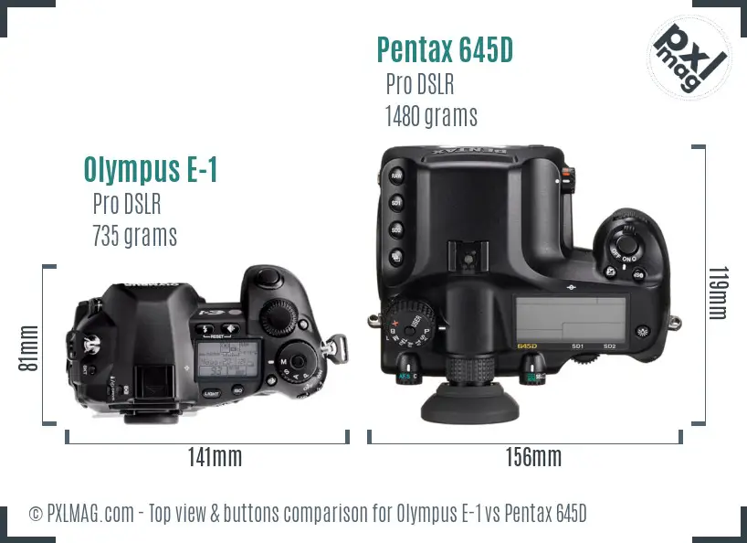Olympus E-1 vs Pentax 645D top view buttons comparison