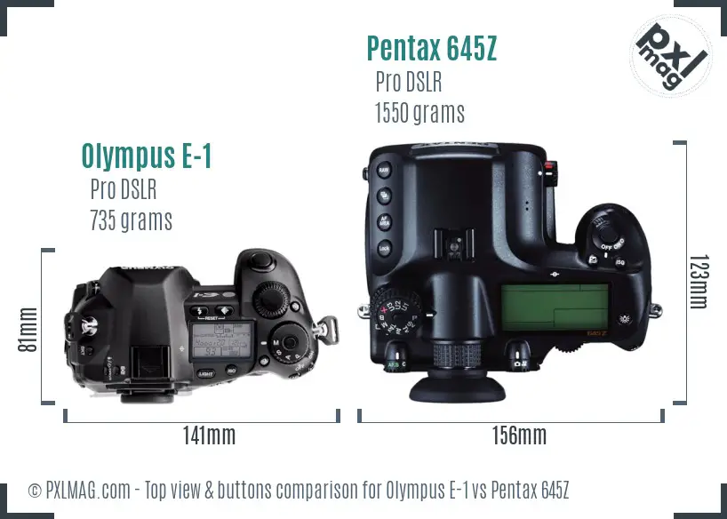 Olympus E-1 vs Pentax 645Z top view buttons comparison