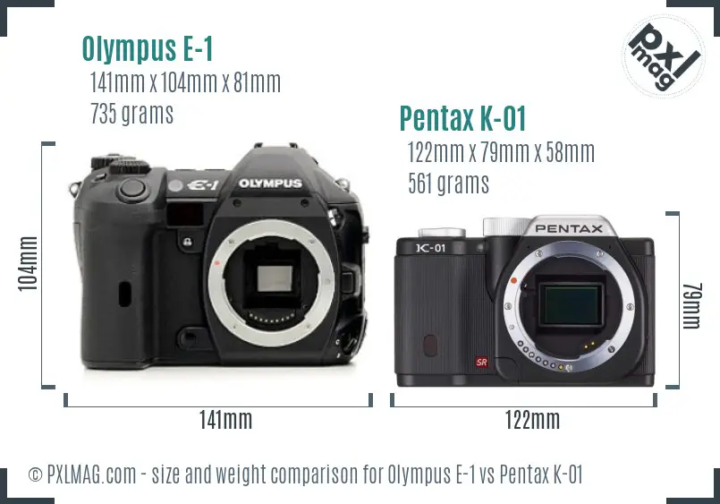 Olympus E-1 vs Pentax K-01 size comparison