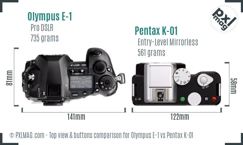Olympus E-1 vs Pentax K-01 top view buttons comparison