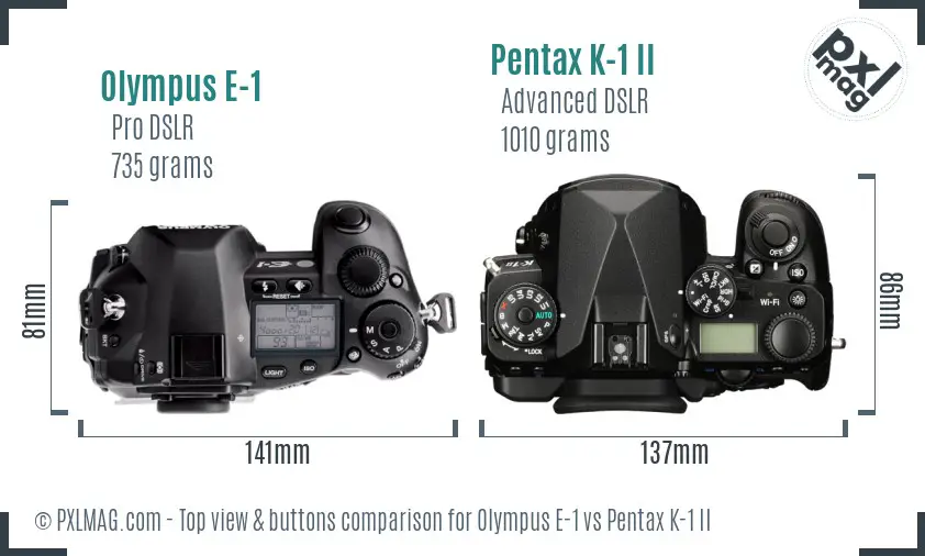 Olympus E-1 vs Pentax K-1 II top view buttons comparison