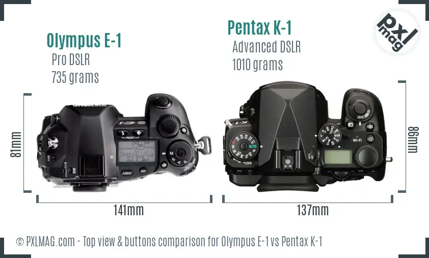 Olympus E-1 vs Pentax K-1 top view buttons comparison