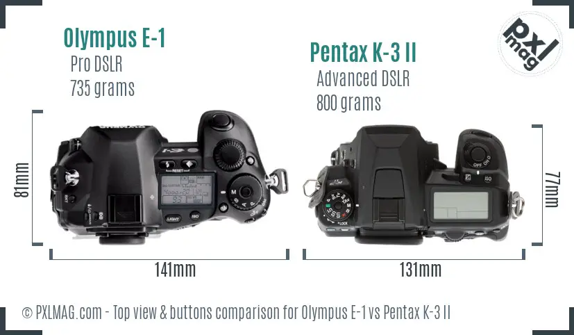 Olympus E-1 vs Pentax K-3 II top view buttons comparison