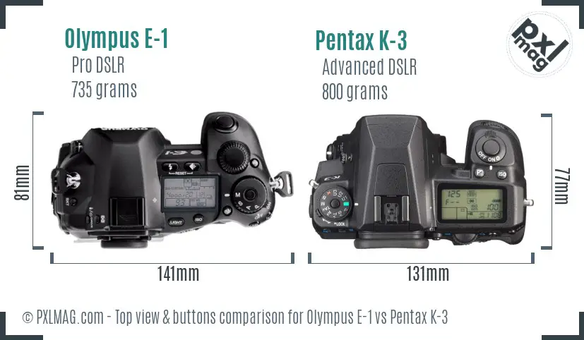 Olympus E-1 vs Pentax K-3 top view buttons comparison