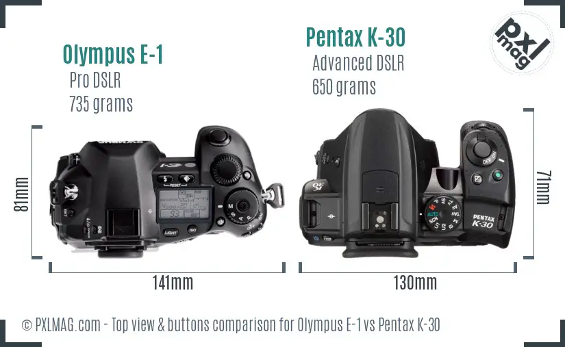 Olympus E-1 vs Pentax K-30 top view buttons comparison