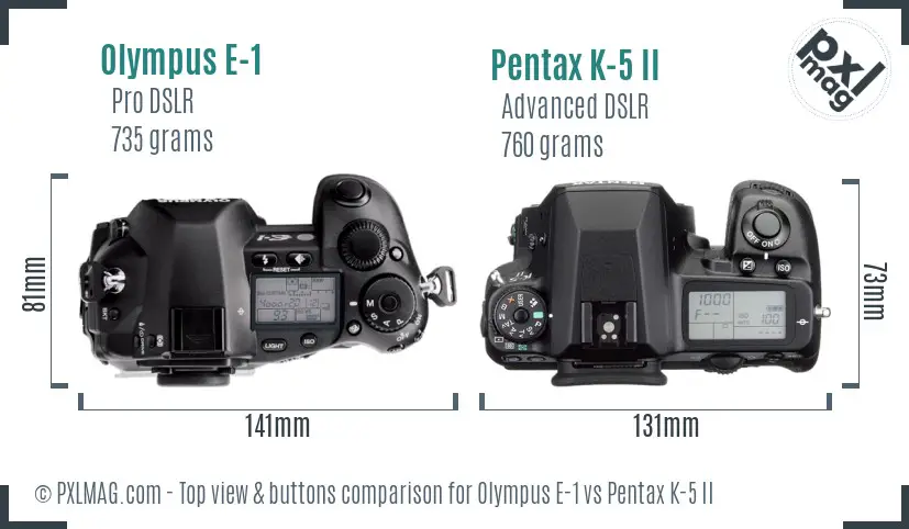 Olympus E-1 vs Pentax K-5 II top view buttons comparison