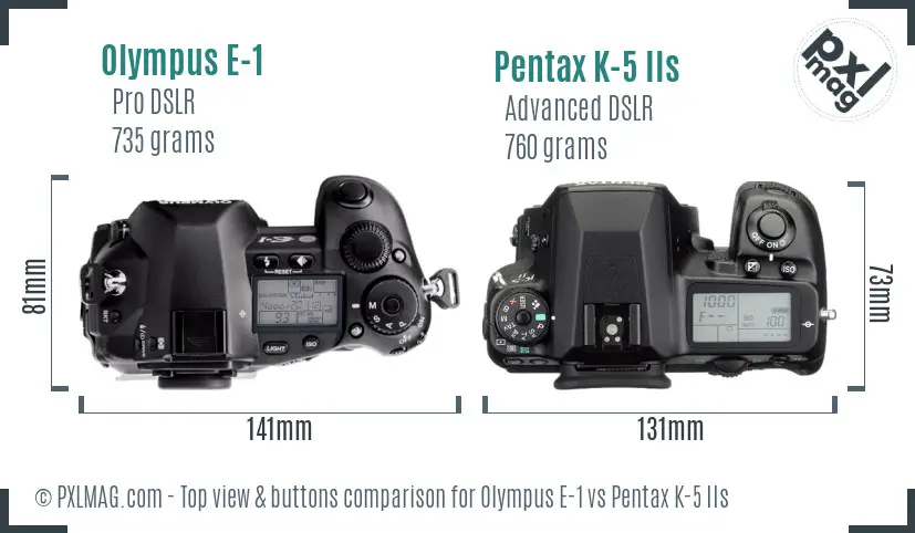 Olympus E-1 vs Pentax K-5 IIs top view buttons comparison