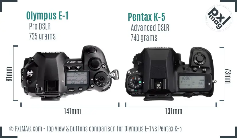 Olympus E-1 vs Pentax K-5 top view buttons comparison