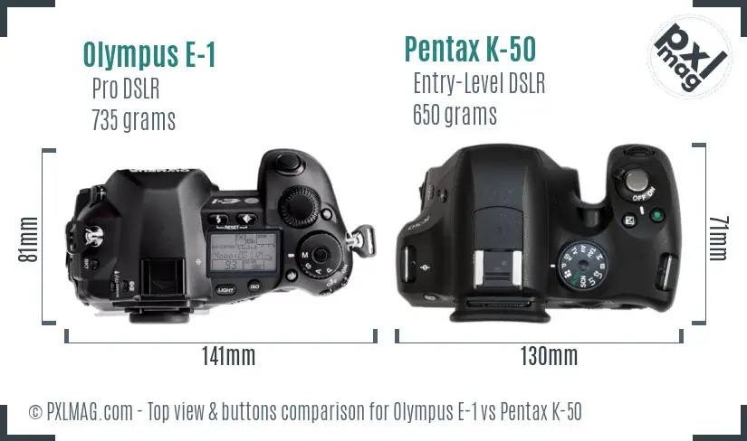 Olympus E-1 vs Pentax K-50 top view buttons comparison