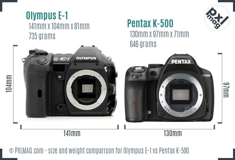 Olympus E-1 vs Pentax K-500 size comparison