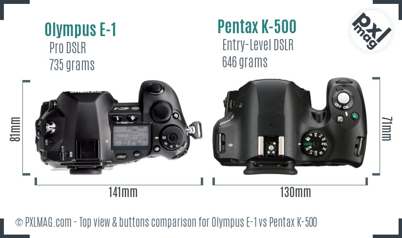 Olympus E-1 vs Pentax K-500 top view buttons comparison