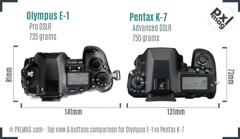 Olympus E-1 vs Pentax K-7 top view buttons comparison