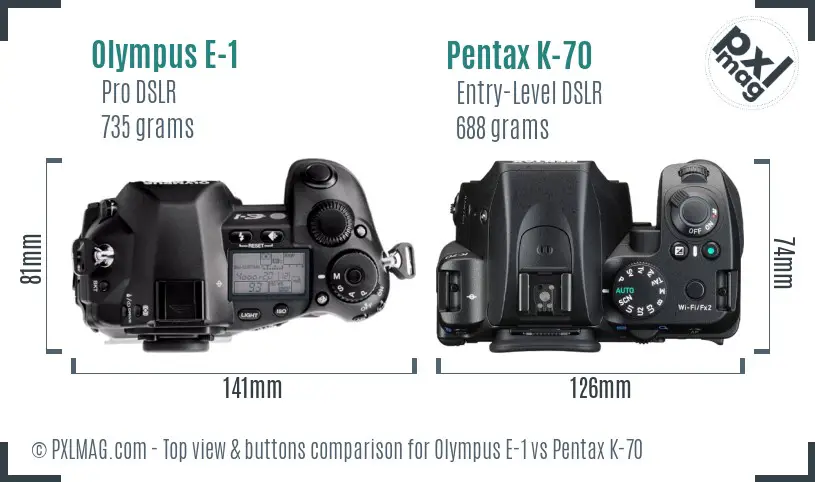 Olympus E-1 vs Pentax K-70 top view buttons comparison