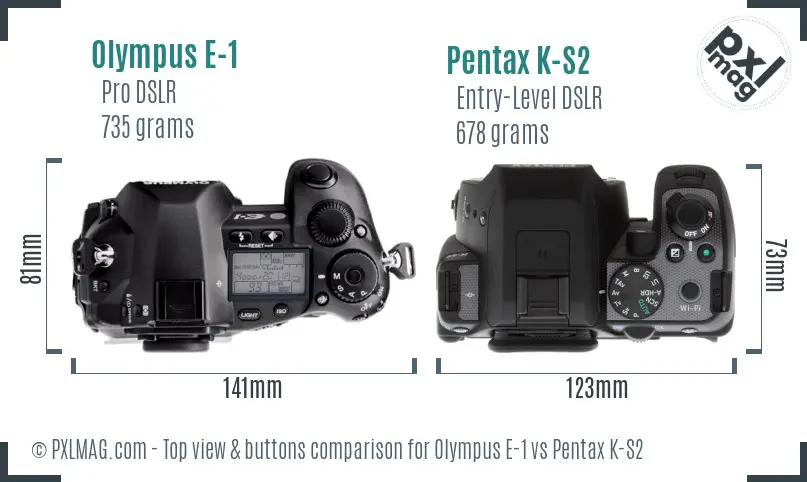 Olympus E-1 vs Pentax K-S2 top view buttons comparison