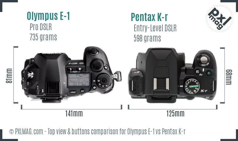Olympus E-1 vs Pentax K-r top view buttons comparison