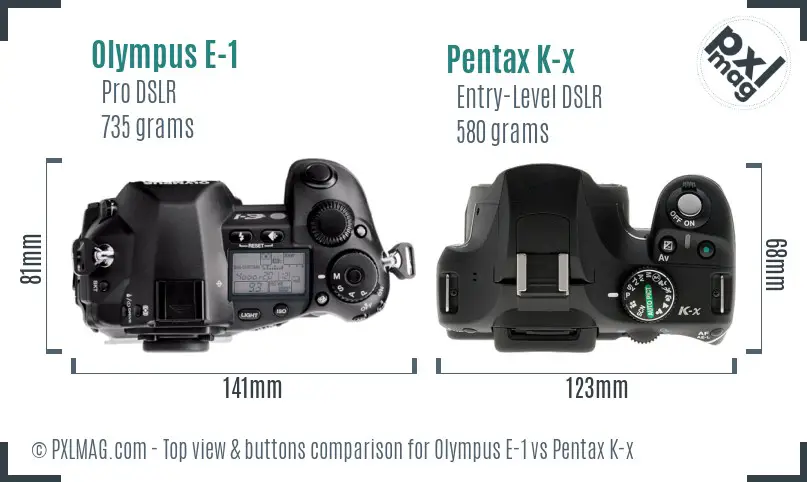 Olympus E-1 vs Pentax K-x top view buttons comparison